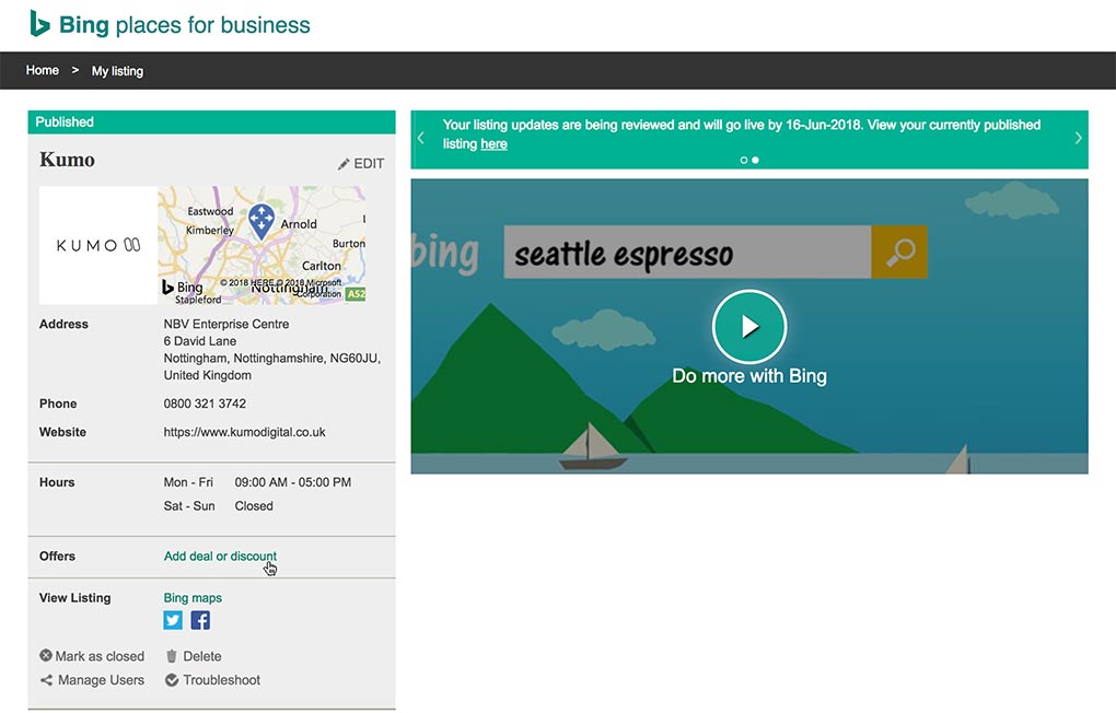 Bing Places for Business Edit Listing