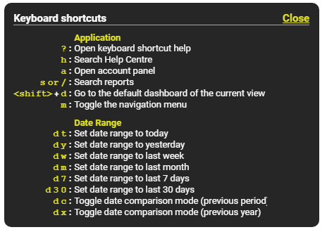 google analytics shortcuts command list