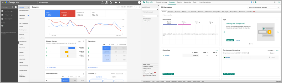 Bing Ads & Google Ads Interface Comparison